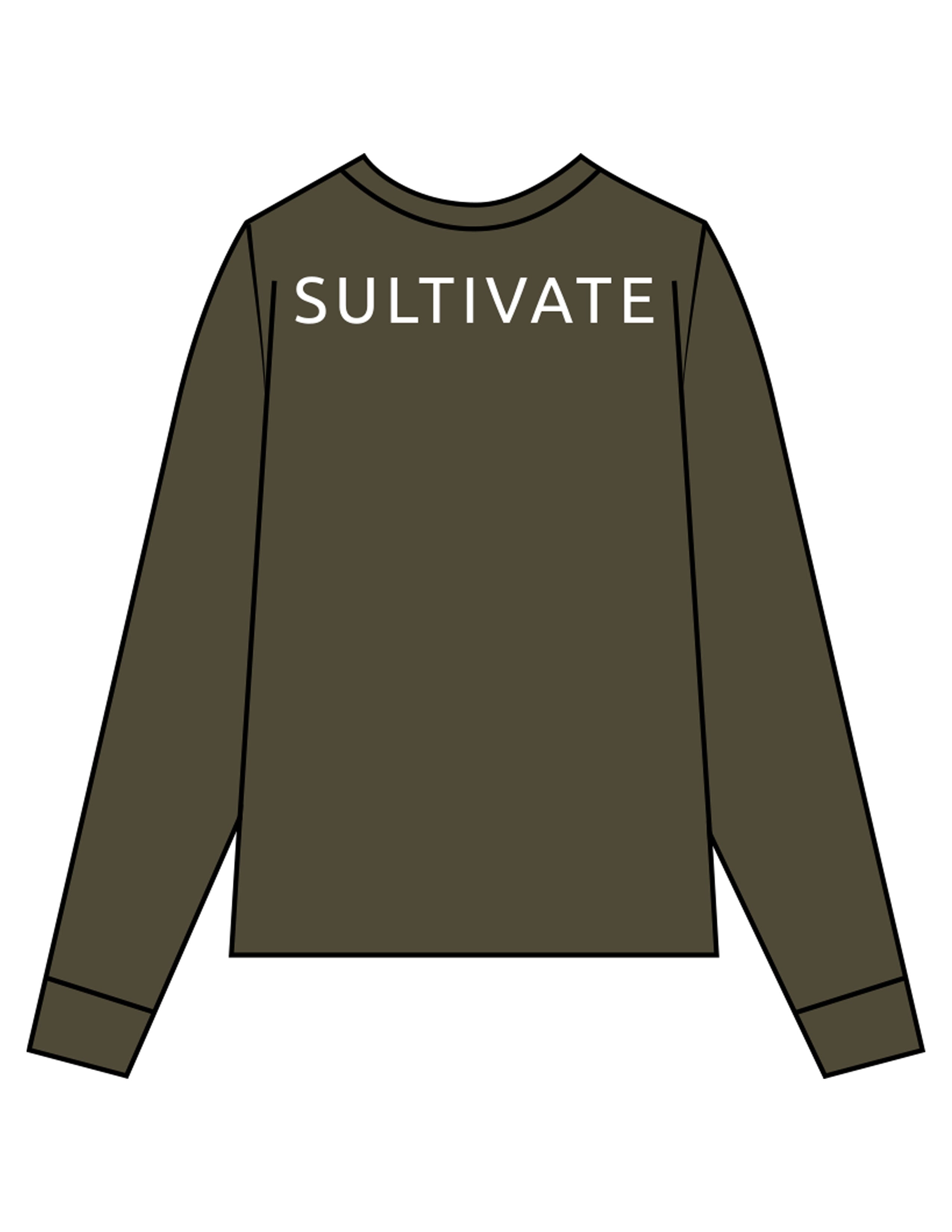 The Mens Long Sleeve - Army - Sultivate - Left Chest Icon & Back Shoulder - Printed - White