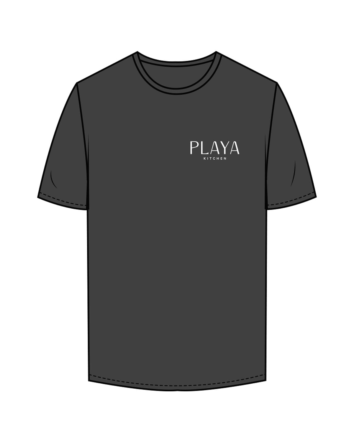 The Mens Tee - Charcoal - Playa Kitchen - Left Chest Stacked & Center Back Stacked - Printed - White