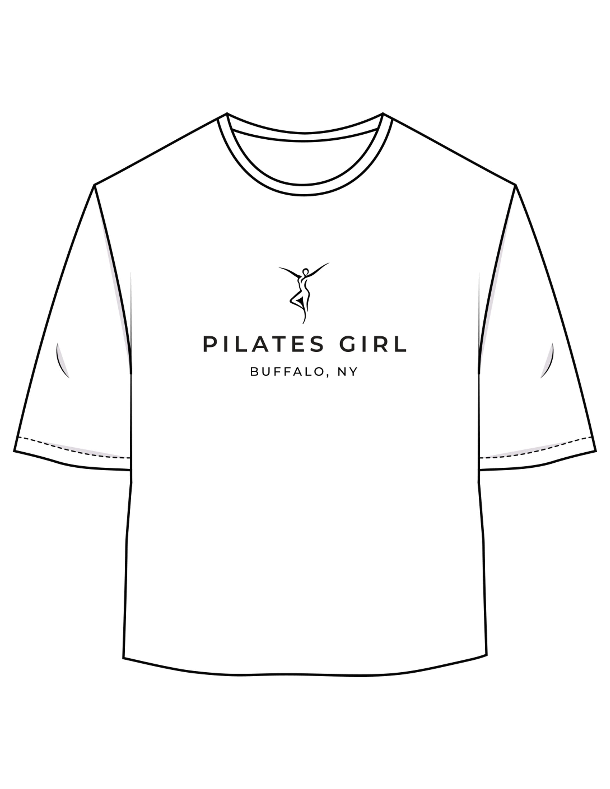 The Oversized Crop Tee - White - Movement Pilates Buffalo - Center Chest Stacked - Printed - Black