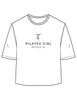The Oversized Crop Tee - White - Movement Pilates Buffalo - Center Chest Stacked - Printed - Black