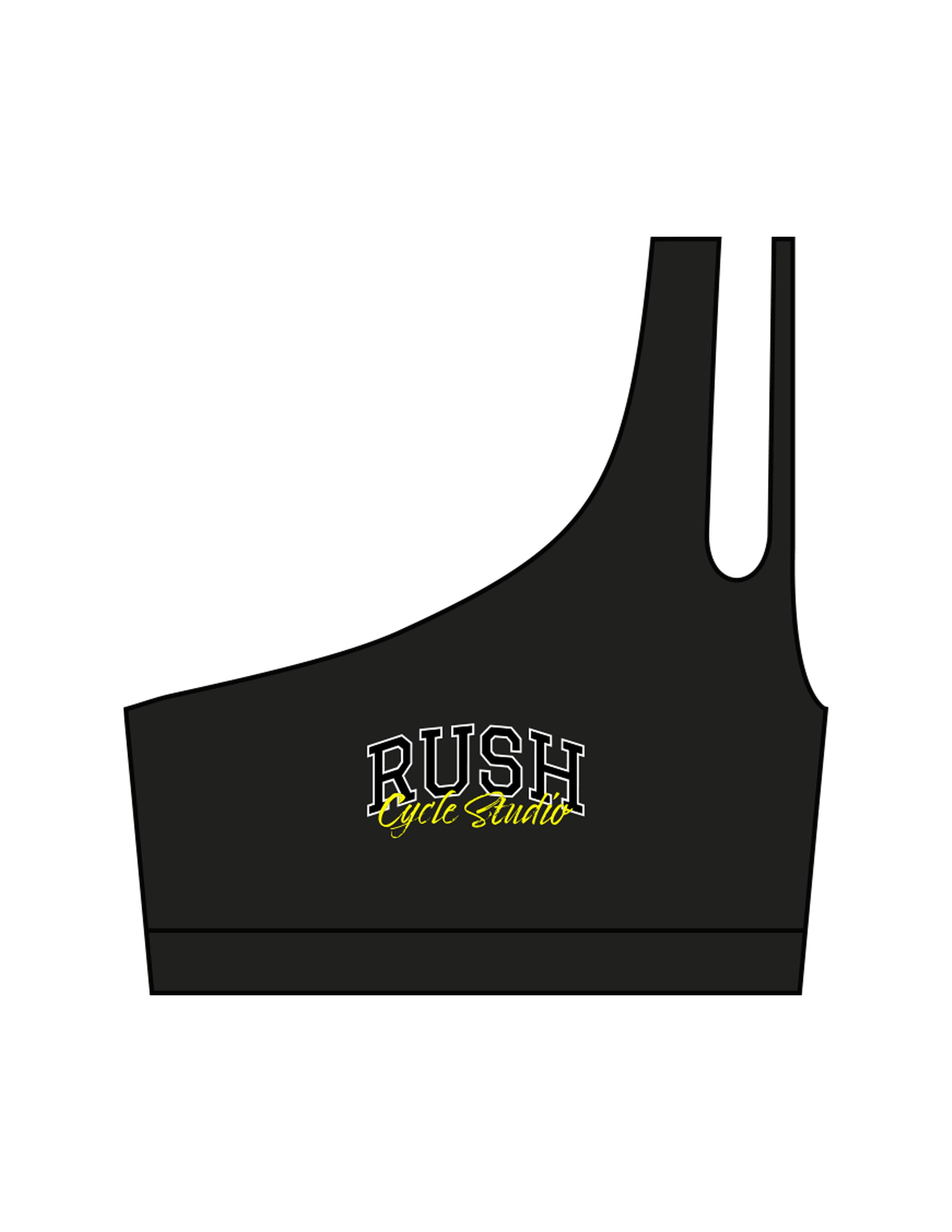 The One Shoulder Bra - Black - Rush Cycle Studio - Center Chest Stacked - Printed - Full Color