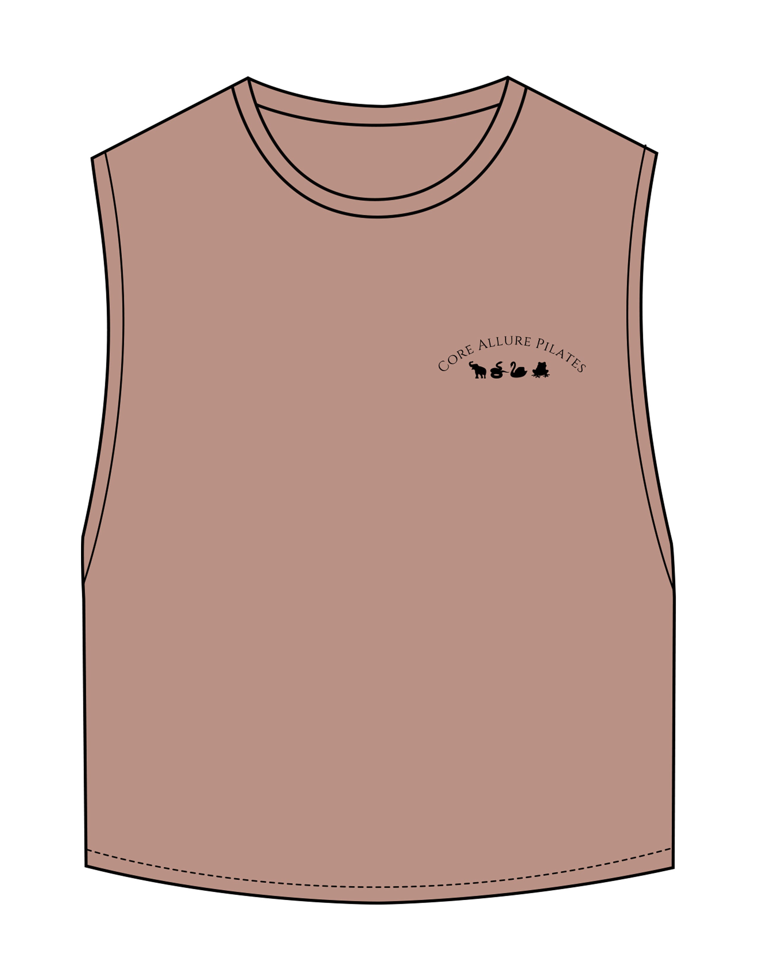 The Crop Muscle Tank - Clay - Core Allure Pilates - Left Chest Arc Stacked & Back Arc Stacked - Printed - Black