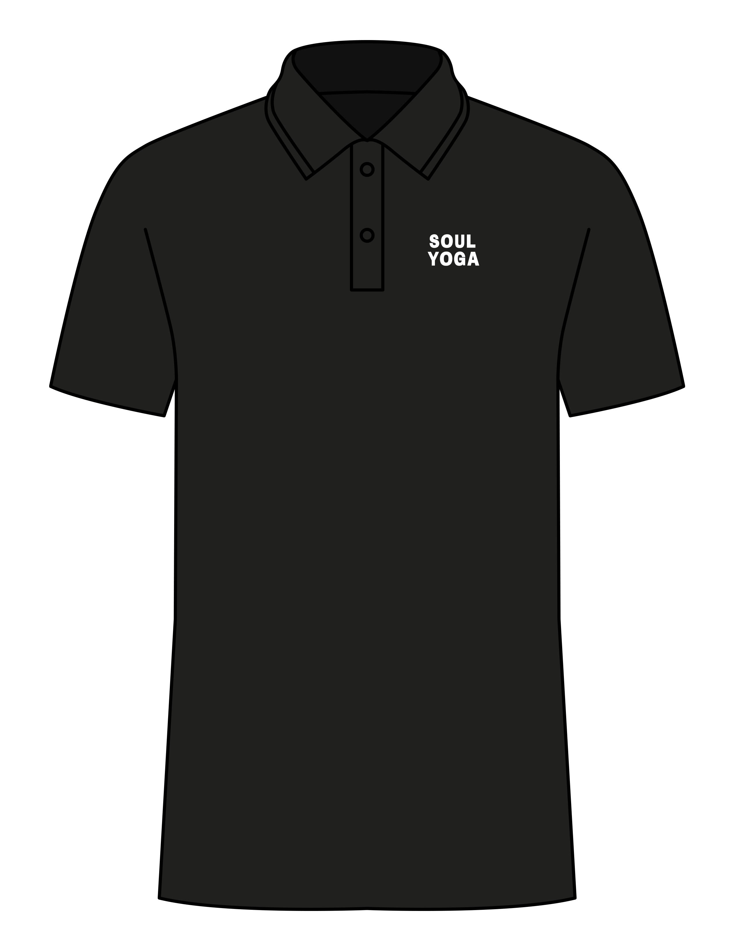 The Mens Polo - Black - SOUL YOGA - Left Chest Stacked - EMB - White