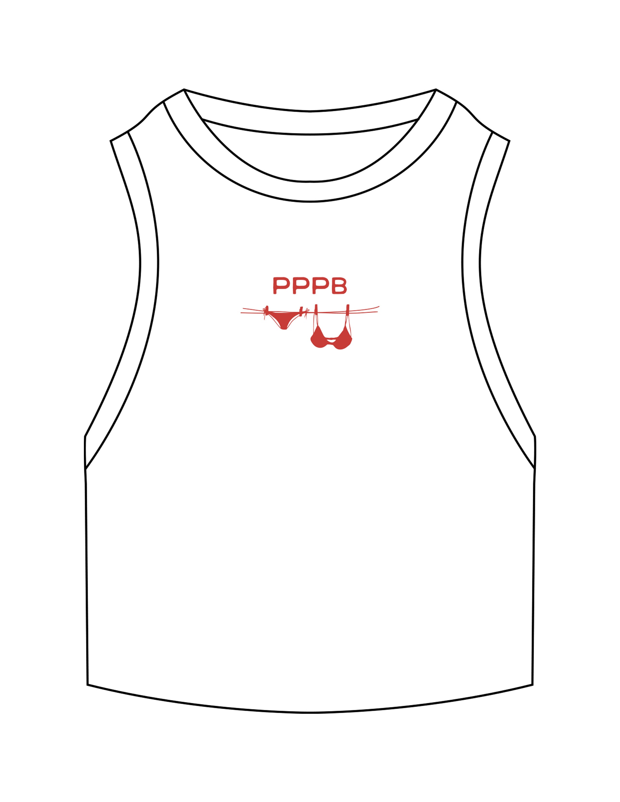The Ribbed Crop Tank - White - Pilates Plus PB - Center Chest "PPPB" Stacked - EMB - Red