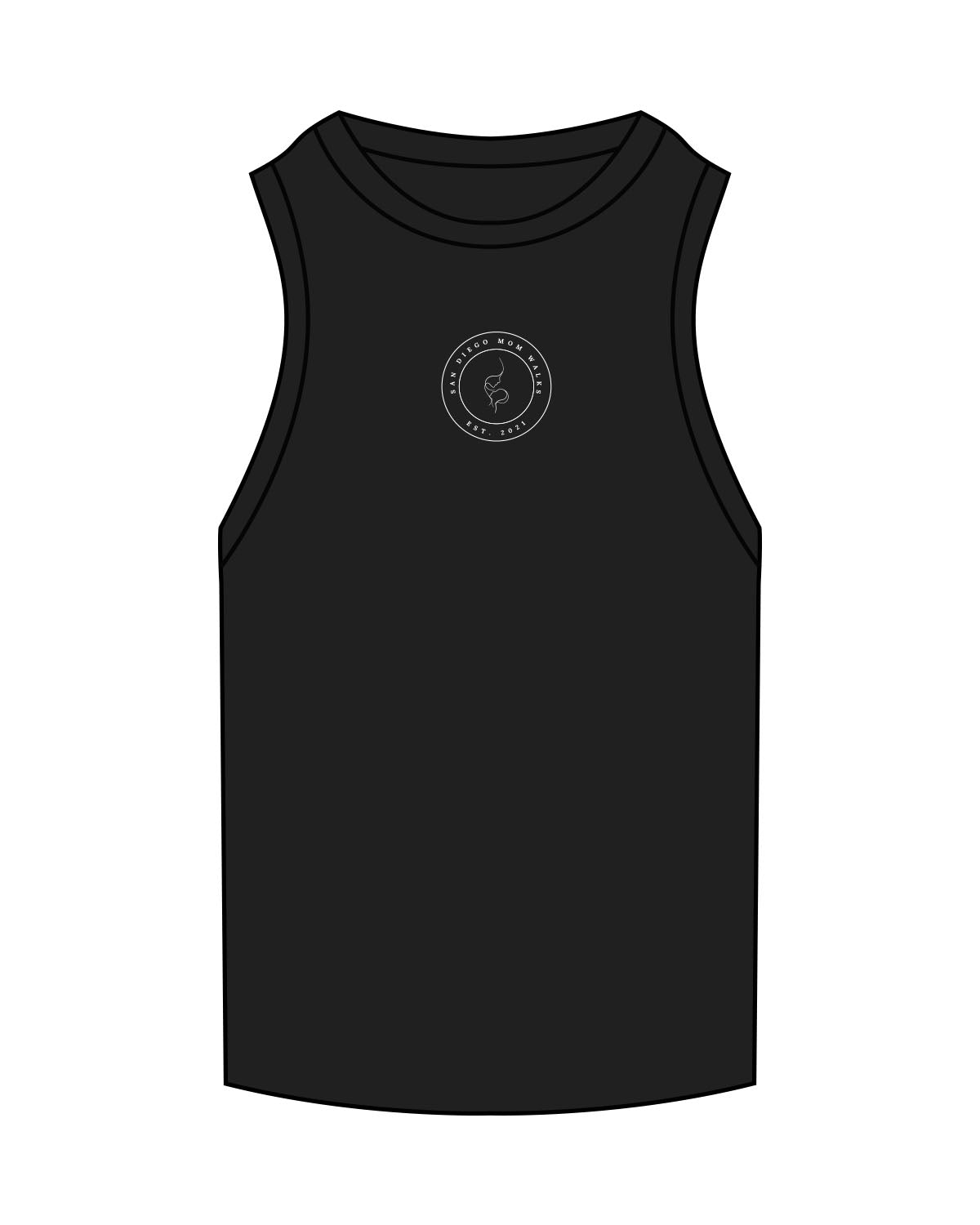 The Ribbed Full Length Tank - Black - SD Mom Walks - Center Chest " SAN DIEGO " - Embroidered - White