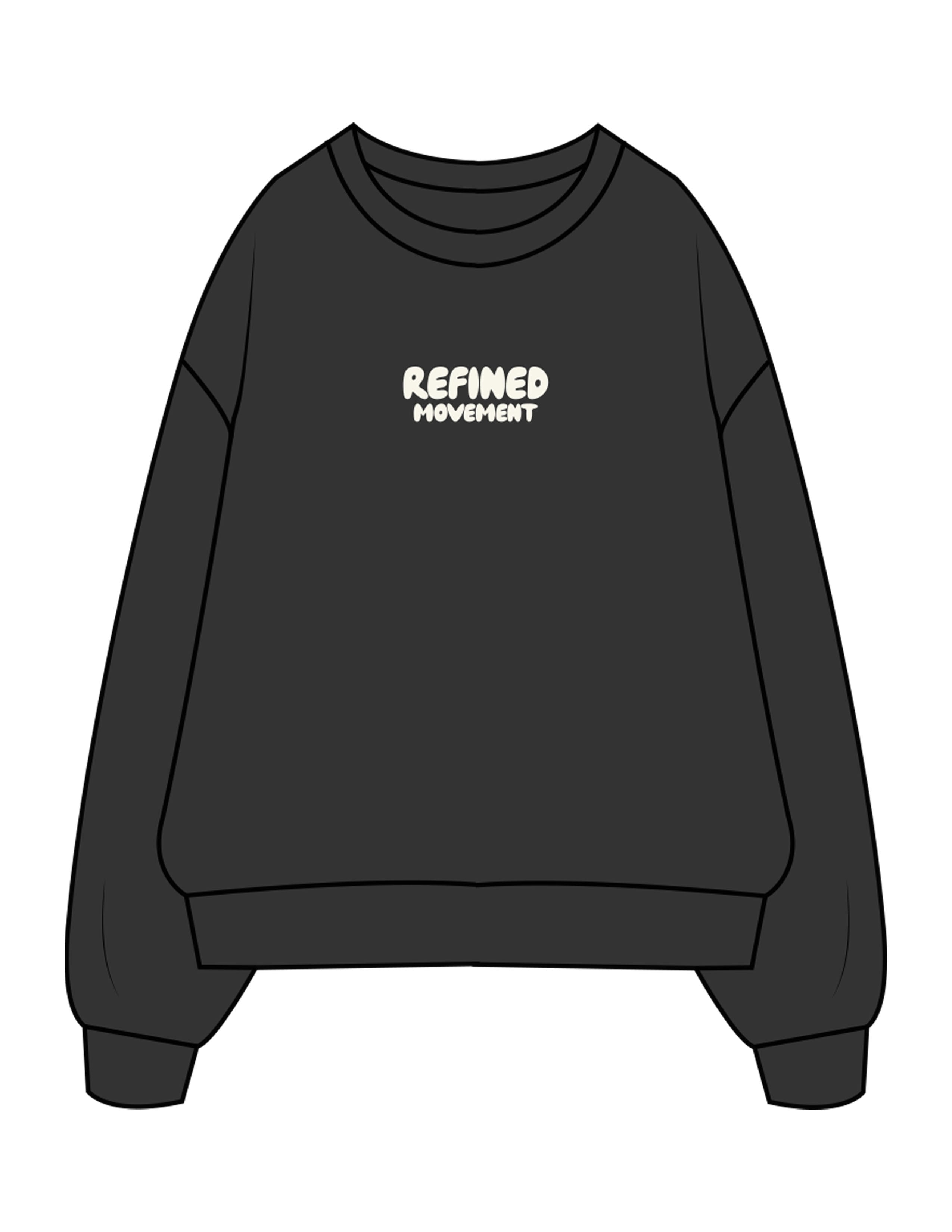 The Mens Crewneck - Washed Black - Refined Movement - Center Chest & Back Stacked - Printed - Off White