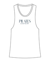 The Womens Racerback Tank - White - Coastal Movement - Center Chest - Back Neckline - Navy Blue Printed