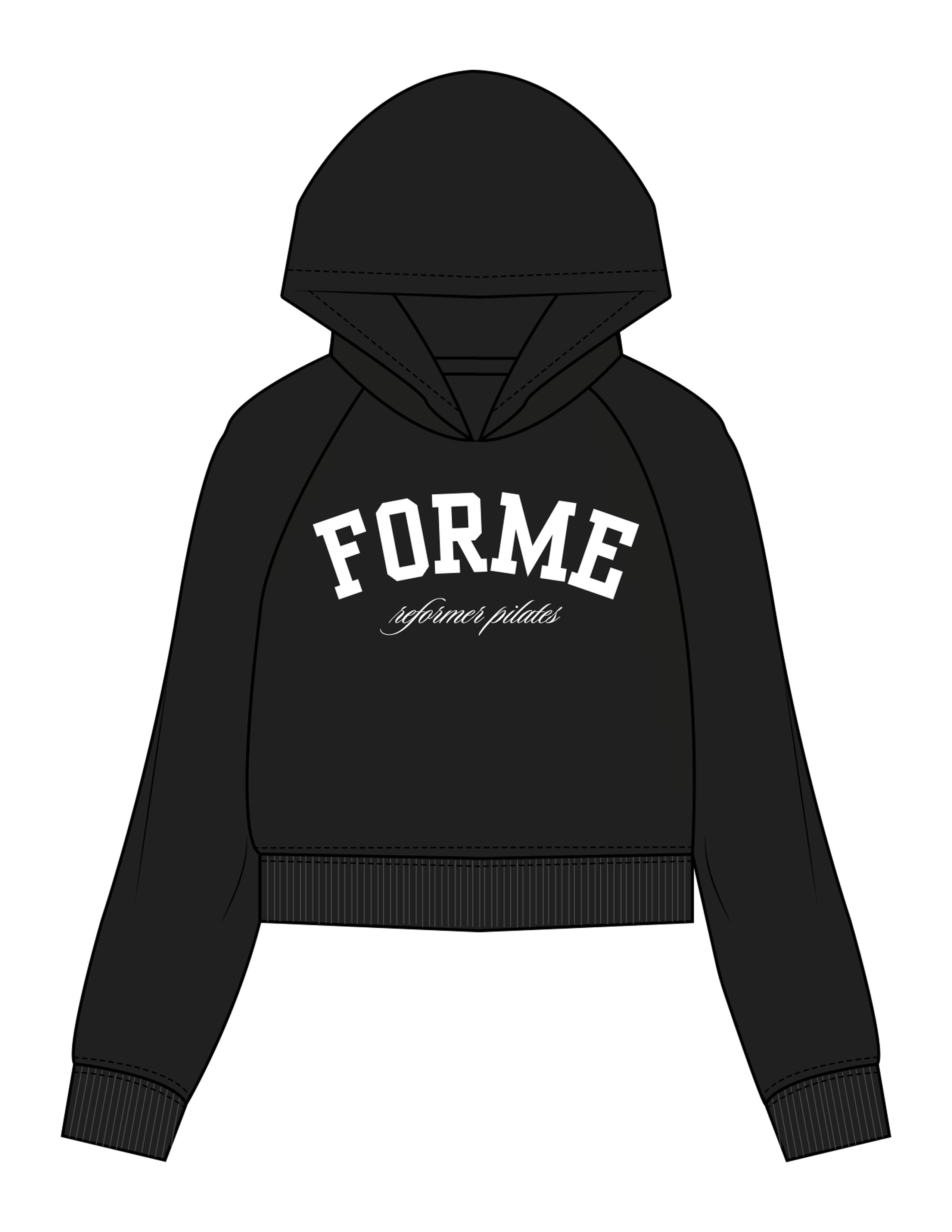 The Womens Crop Hoodie - Black - LA FORME PILATES - Center Chest Stacked - Printed - White