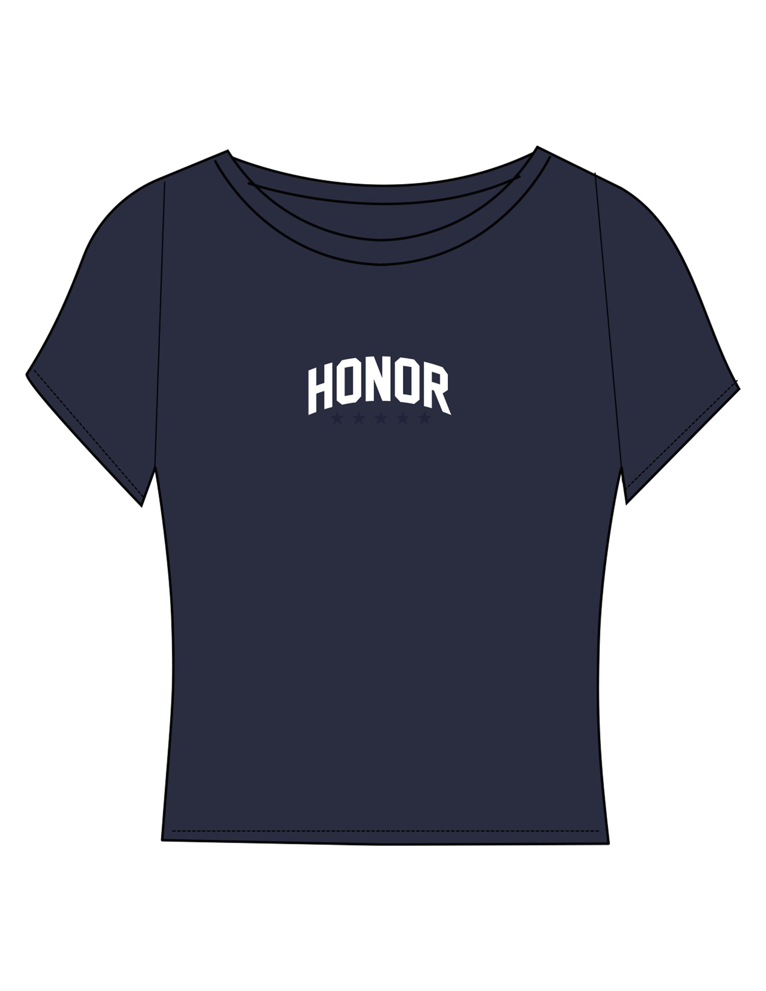 The Sporty Crop Short Sleeve - Navy - Honor Pilates - Center Chest - Printed - White