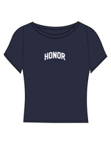 The Sporty Crop Short Sleeve - Navy - Honor Pilates - Center Chest - Printed - White