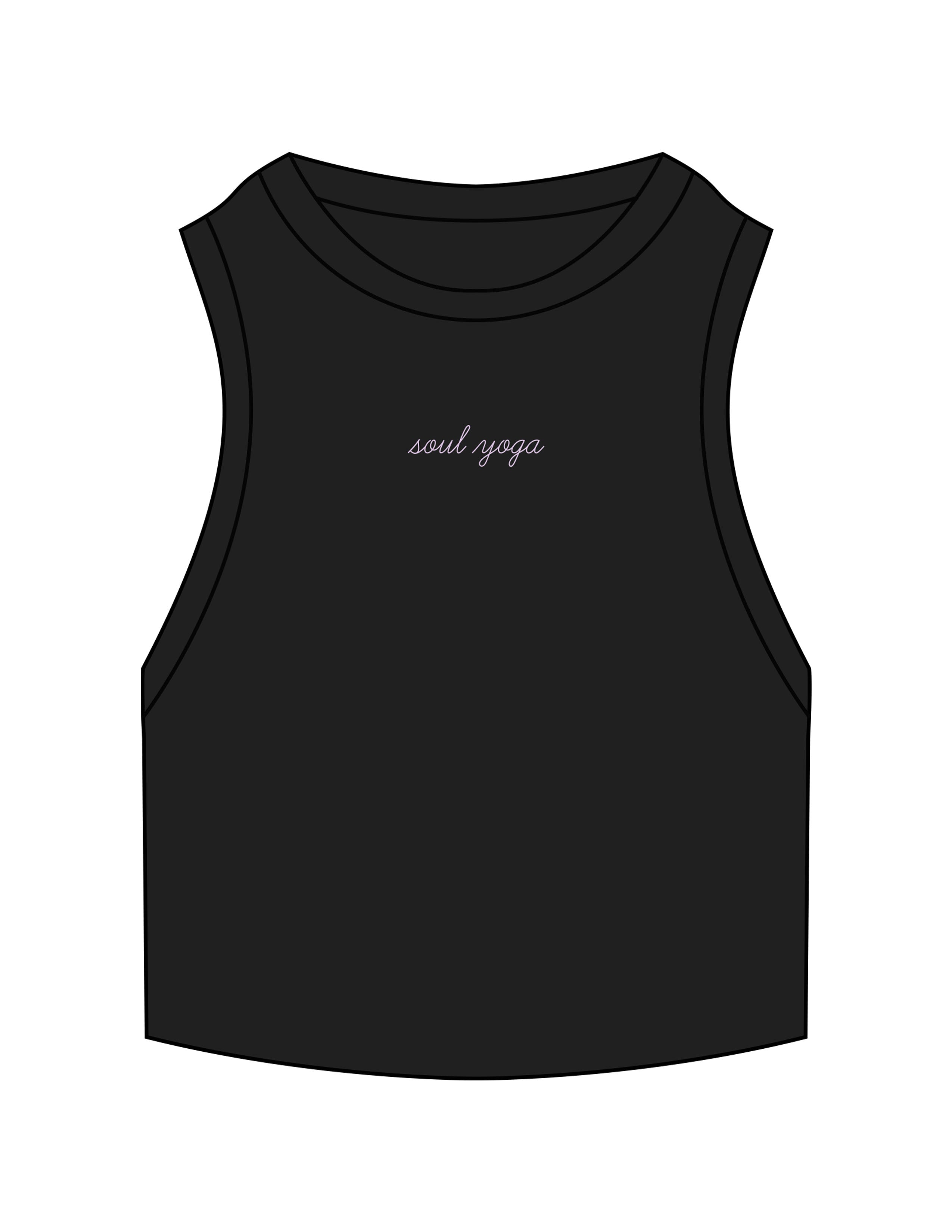 The Ribbed Crop Tank - Black - Soul Yoga - Center Chest Script - Embroidered - Lavender