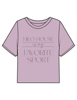 The Boxy Crop Tee - Lavender - HiLo - Chest Stacked "HILO HOUSE" & Back Neckline Round - Printed - Tone on Tone