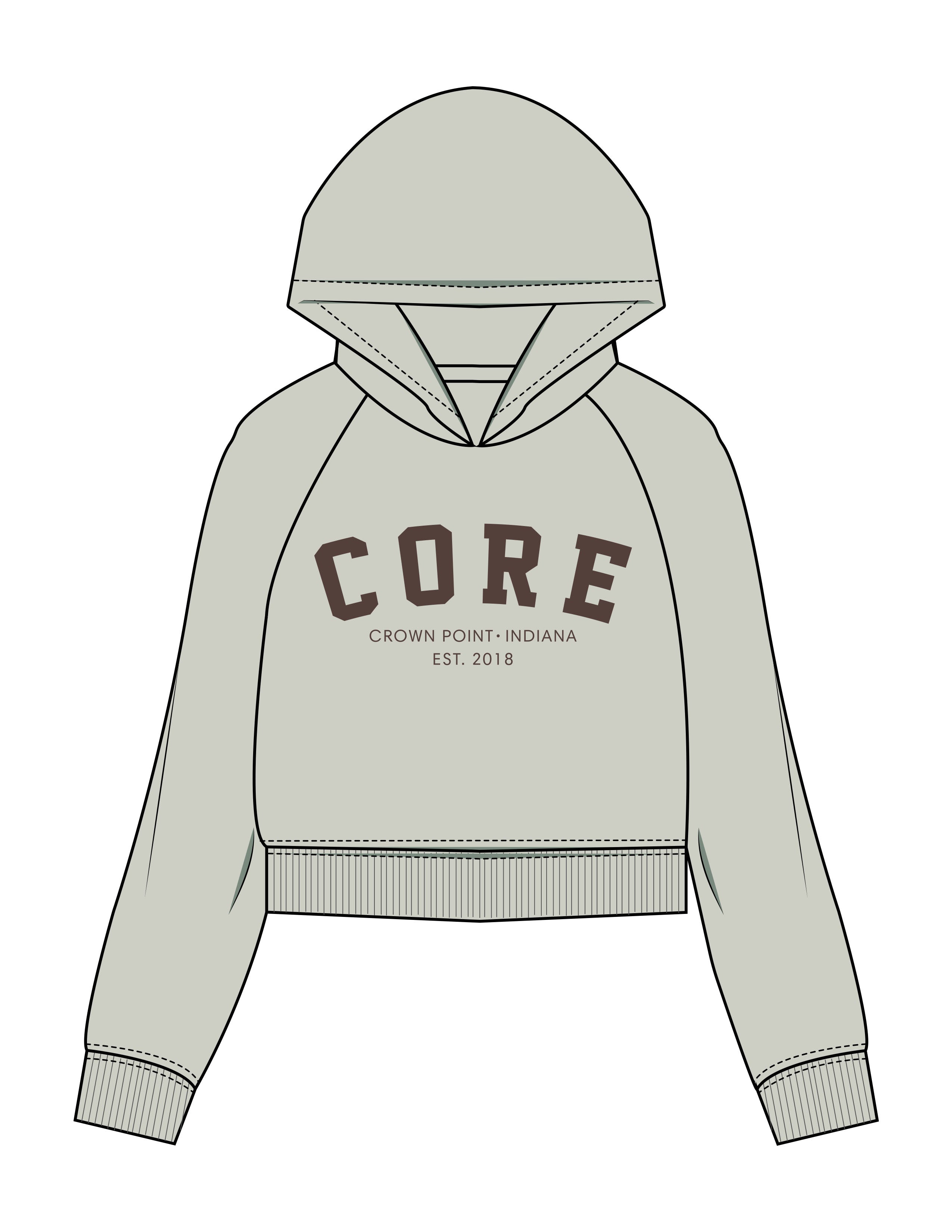 The Womens Lightweight Cropped Hoodie - Sage - Core Crown Point - Chest Stacked - Printed - Cocoa