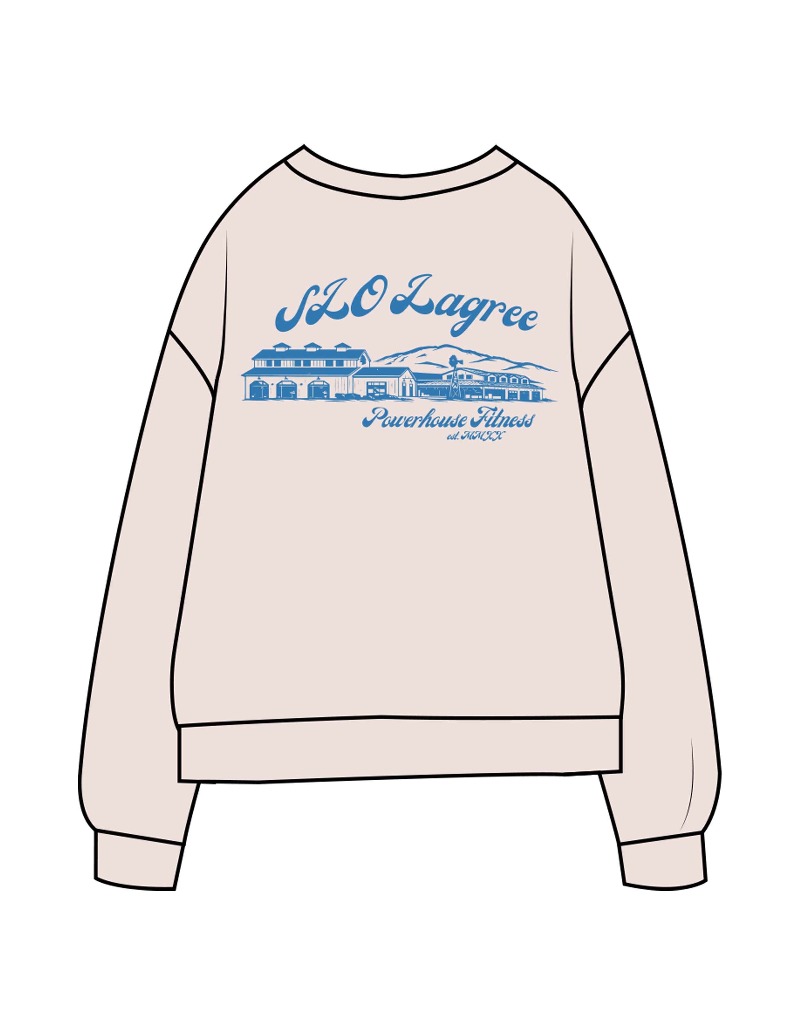 The Midweight Unisex Crewneck - Washed Ivory - Powerhouse Fitness - Left Chest Embroidered - Tone on Tone - Back Stacked "LAGREE" Printed - Blue