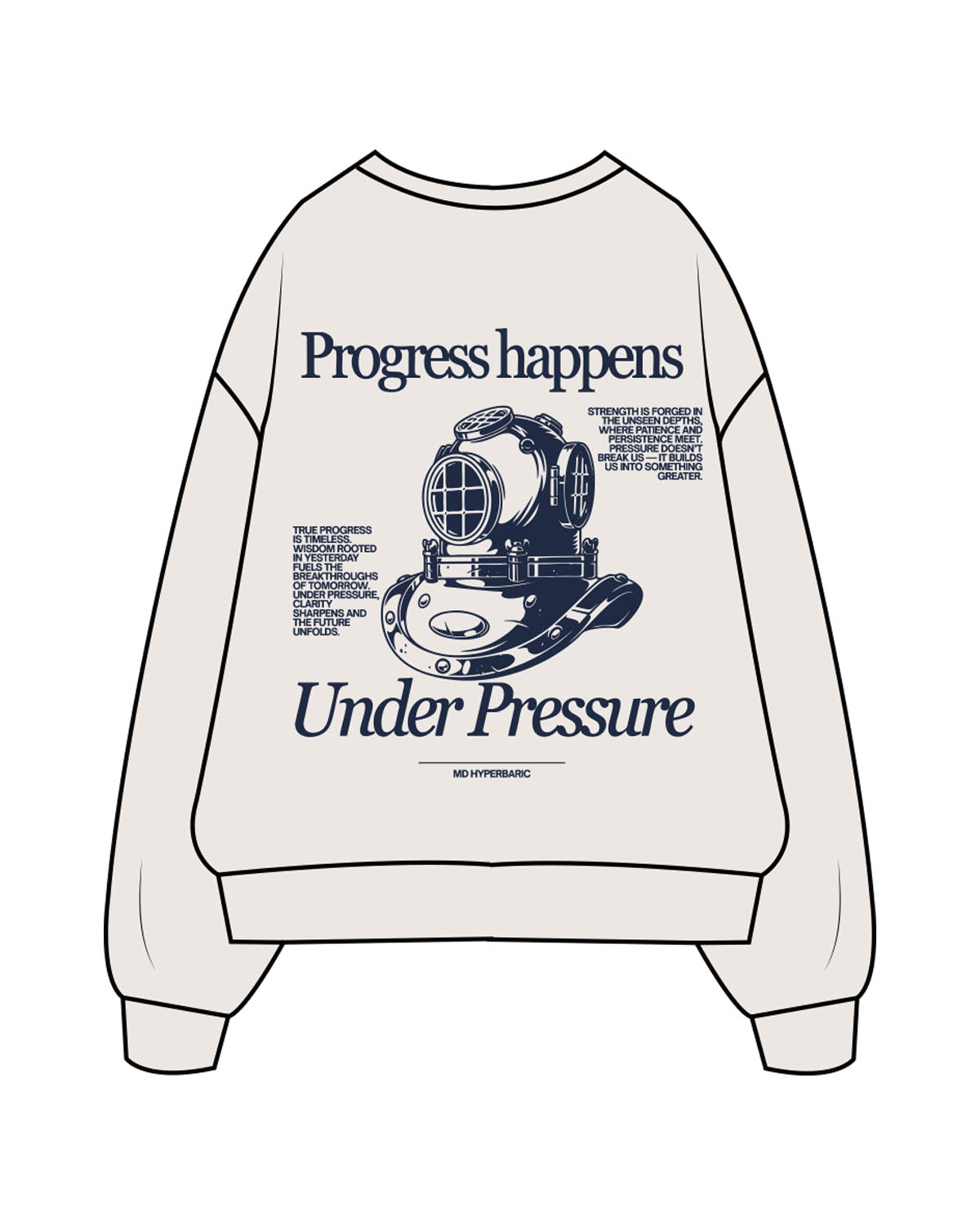 The Mens Crewneck - Bone - MD Hyperbaric - Left Chest Round & Back Illustration - Printed - Navy