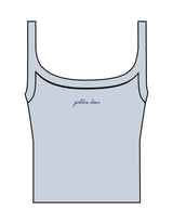 The Micro Rib Strappy Crop Tank - Baby Blue - Golden Hour - Center Chest - Printed - Navy
