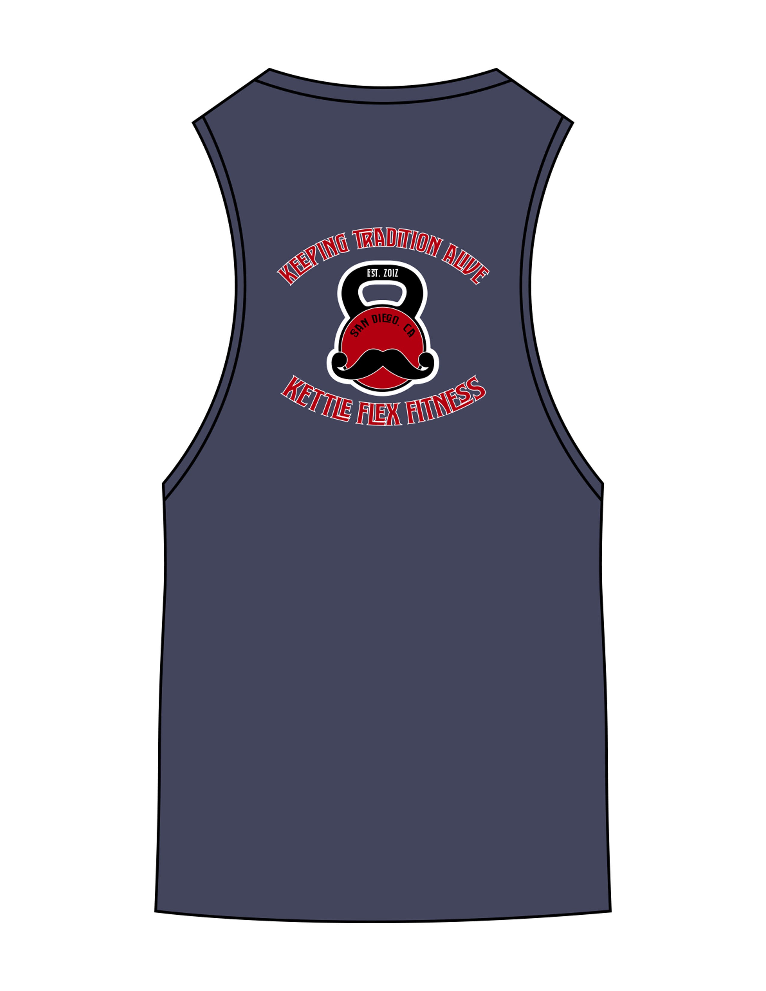 The Scoop Muscle Tank - Navy Heather - KettleFlex - Center Chest & Back Stacked - Printed - Full Color