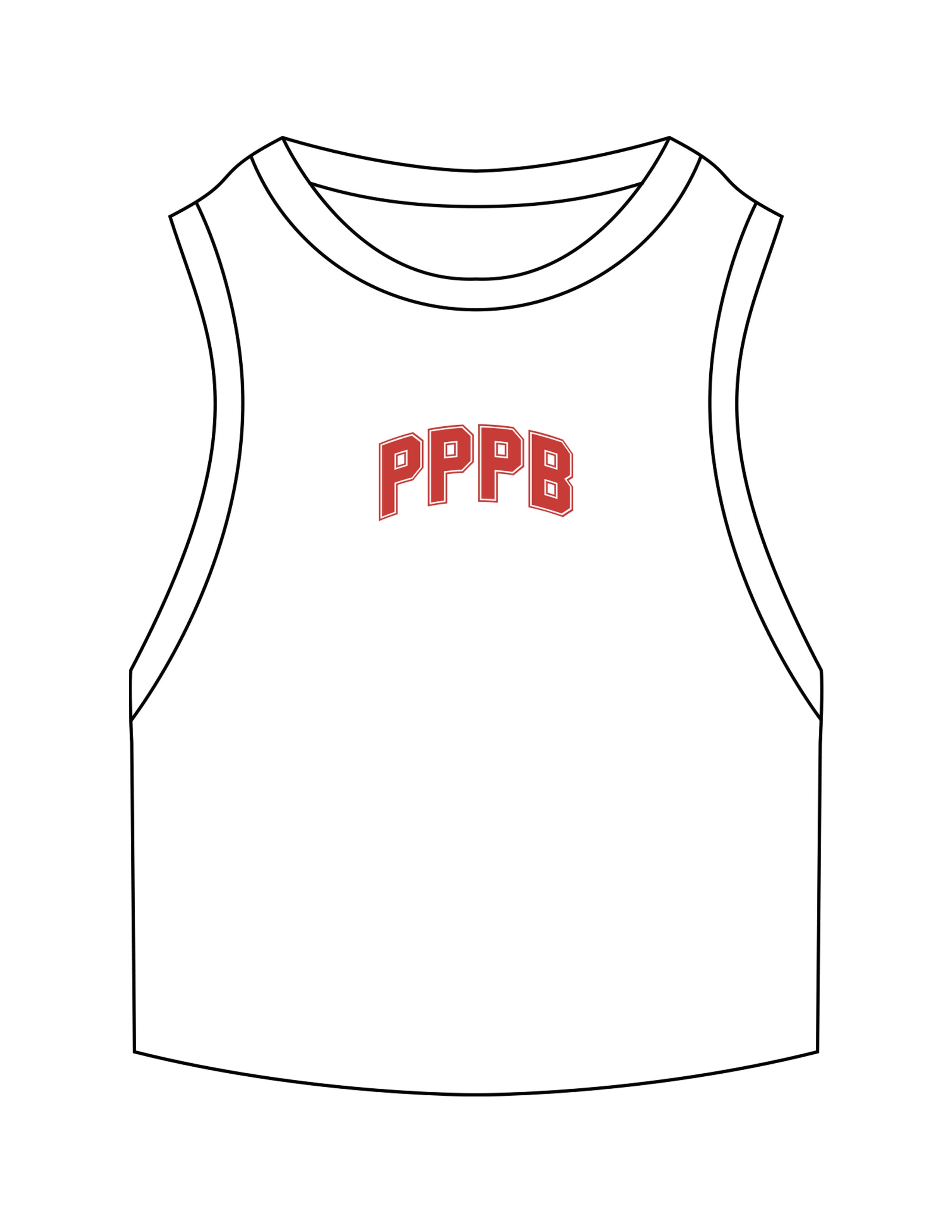The Ribbed Crop Tank - White - Pilates Plus PB - Center Chest "PPPB" - EMB - Red