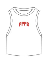 The Ribbed Crop Tank - White - Pilates Plus PB - Center Chest "PPPB" - EMB - Red
