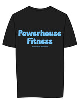 The Womens Tee - Black - Powerhouse Fitness - Left Chest Heart & Back Stacked - Printed - Blue