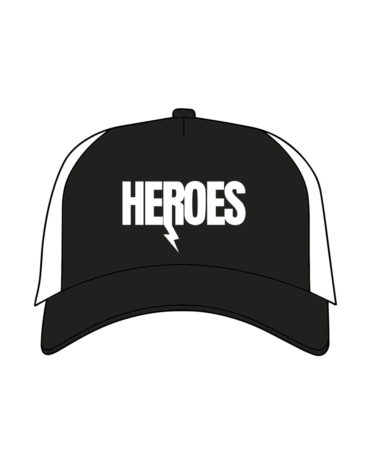 The Trucker Hat - Black / White - Heroes Fitness - Center Crown - Embroidered - White