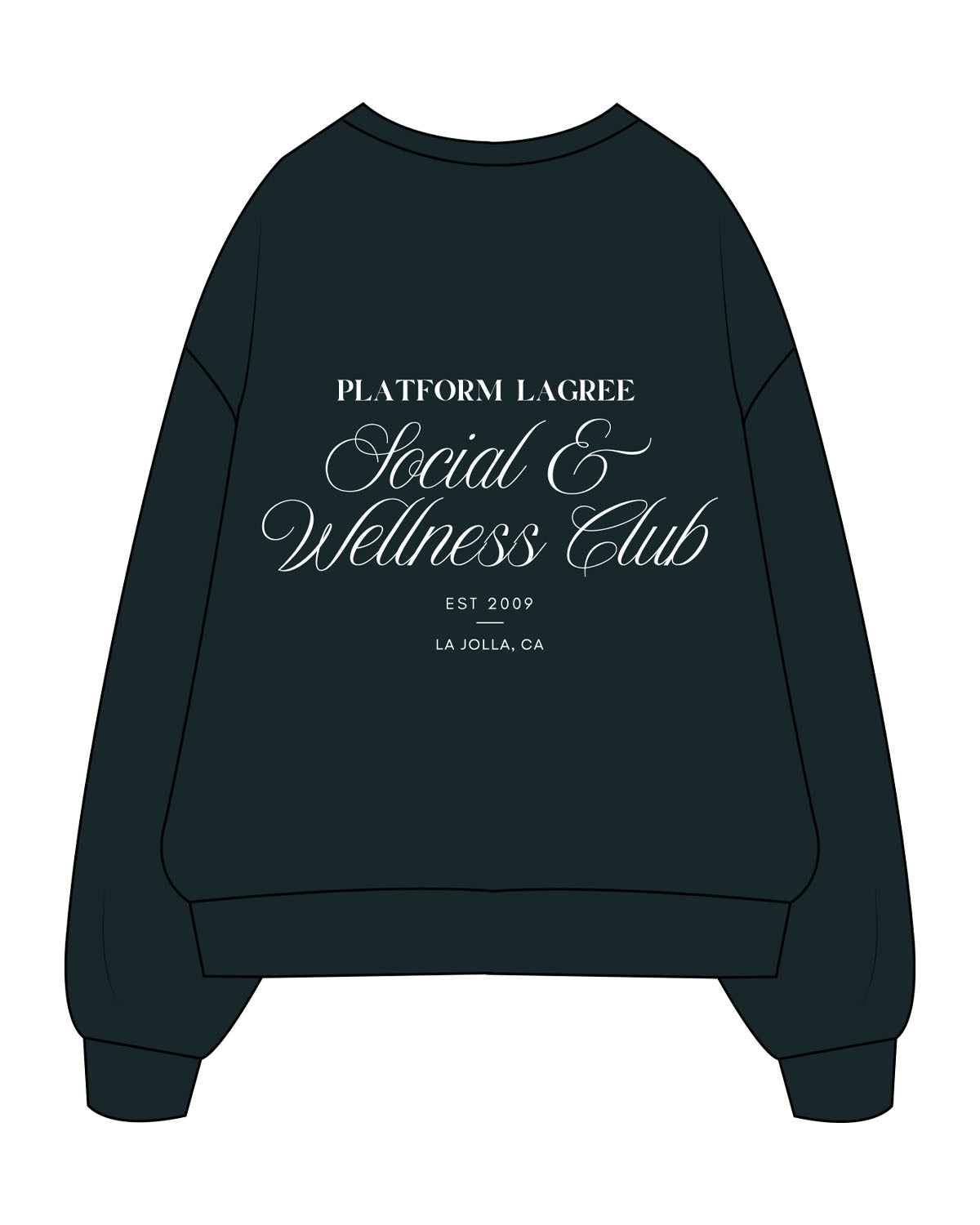 The Mens Crewneck - Pine Green - PLATFORM - Left Chest - Back Stacked - Printed - White