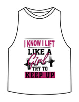 The Crop Muscle Racerback - White - Delta Fitness - Chest Stacked "I LIFT" & Back Icon - Printed - Full Color