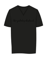 The Womens V Neck Tee - Black - THE PILATES DISTRICT - Center Chest - Printed - Tone on Tone