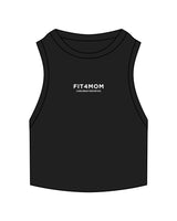The Ribbed Crop Tank - Black - Fit 4 Mom Carlsbad Encinitas - Center Chest Stacked - Embroidered - White