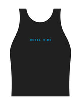 The Womens Active Crop Tank - Black - Rebel Ride - Center Chest - Printed - Blue