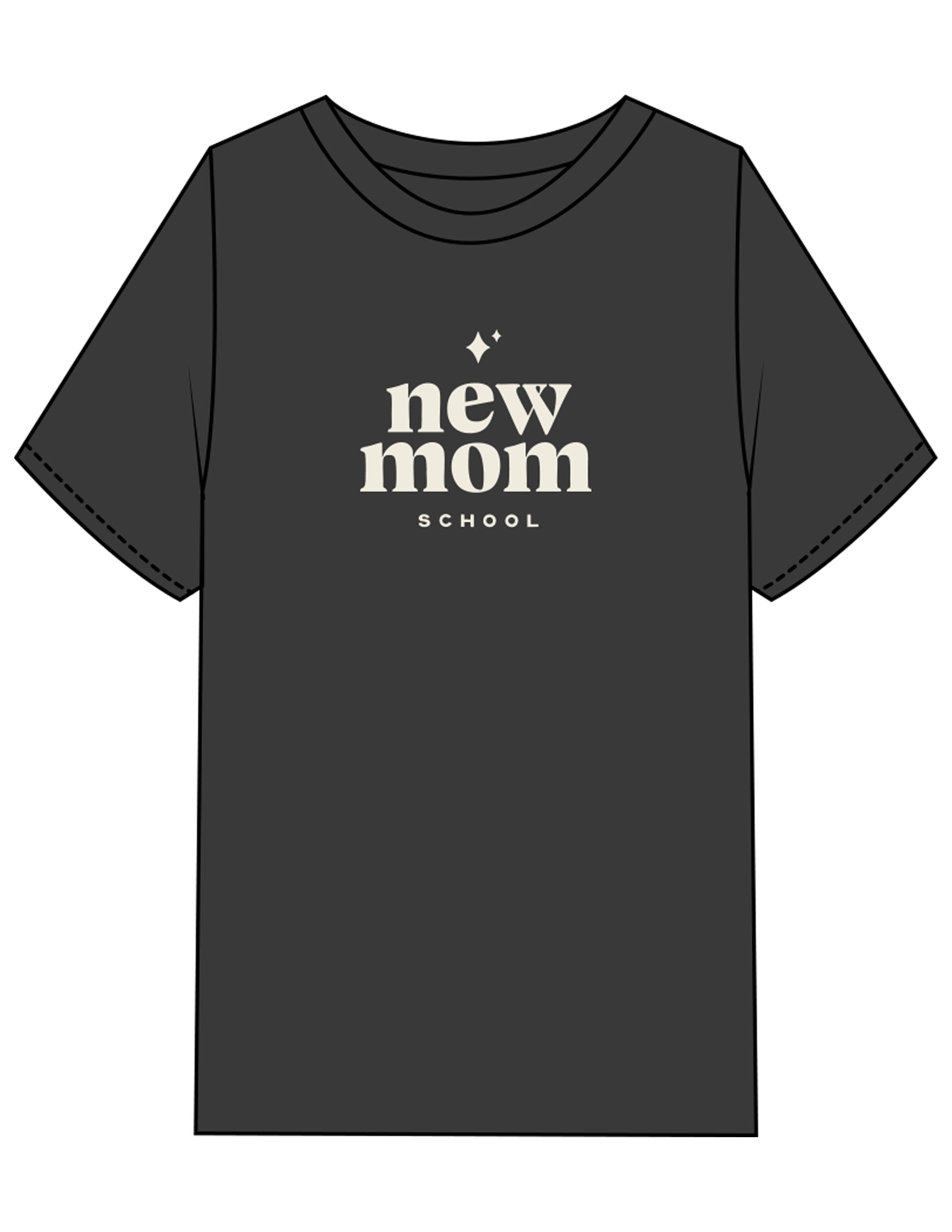 The Womens Heavyweight Tee - Washed Black - New Mom School - Center Chest Stacked - Printed - Off White