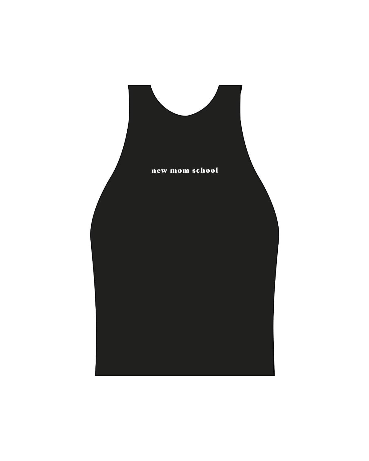 The High Neck Racer Tank - Black - New Mom School - Center Chest - Printed - White