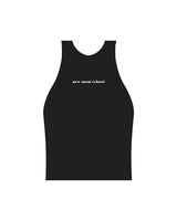 The High Neck Racer Tank - Black - New Mom School - Center Chest - Printed - White