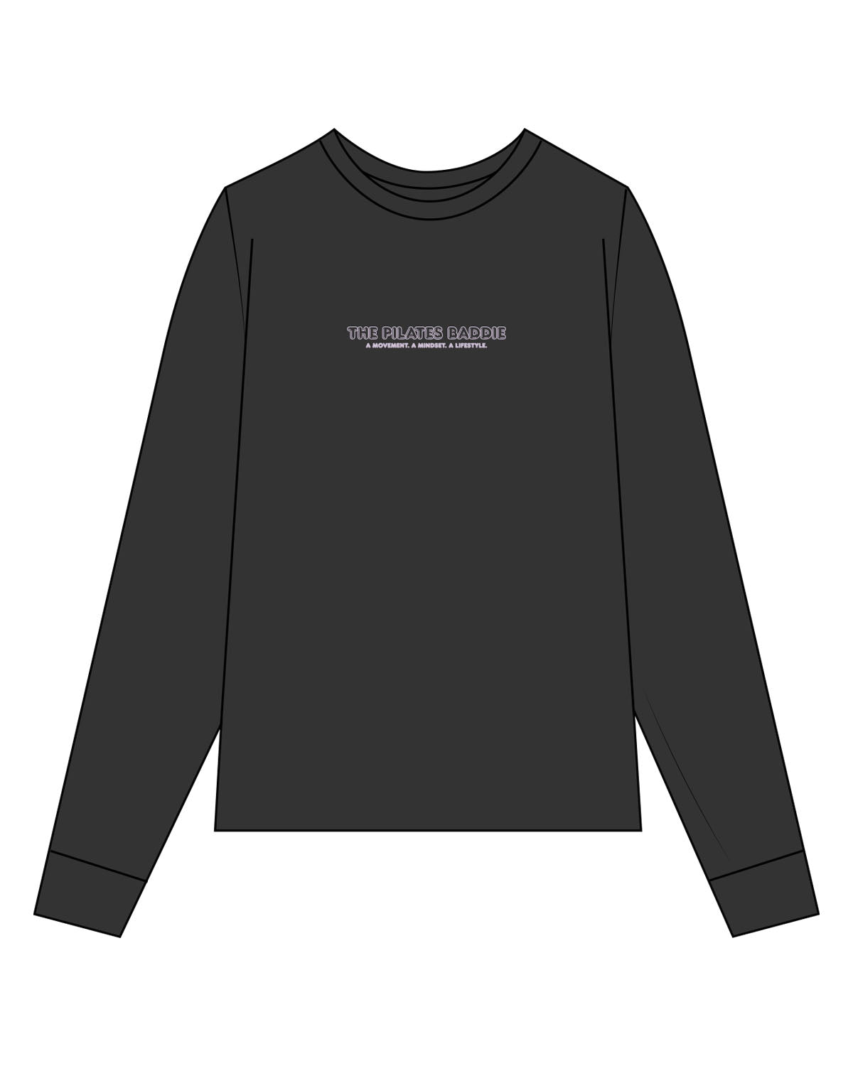The Womens Heavyweight Long Sleeve - Washed Black - Pilates Baddie - Center Chest Arc - Printed - Light Purple