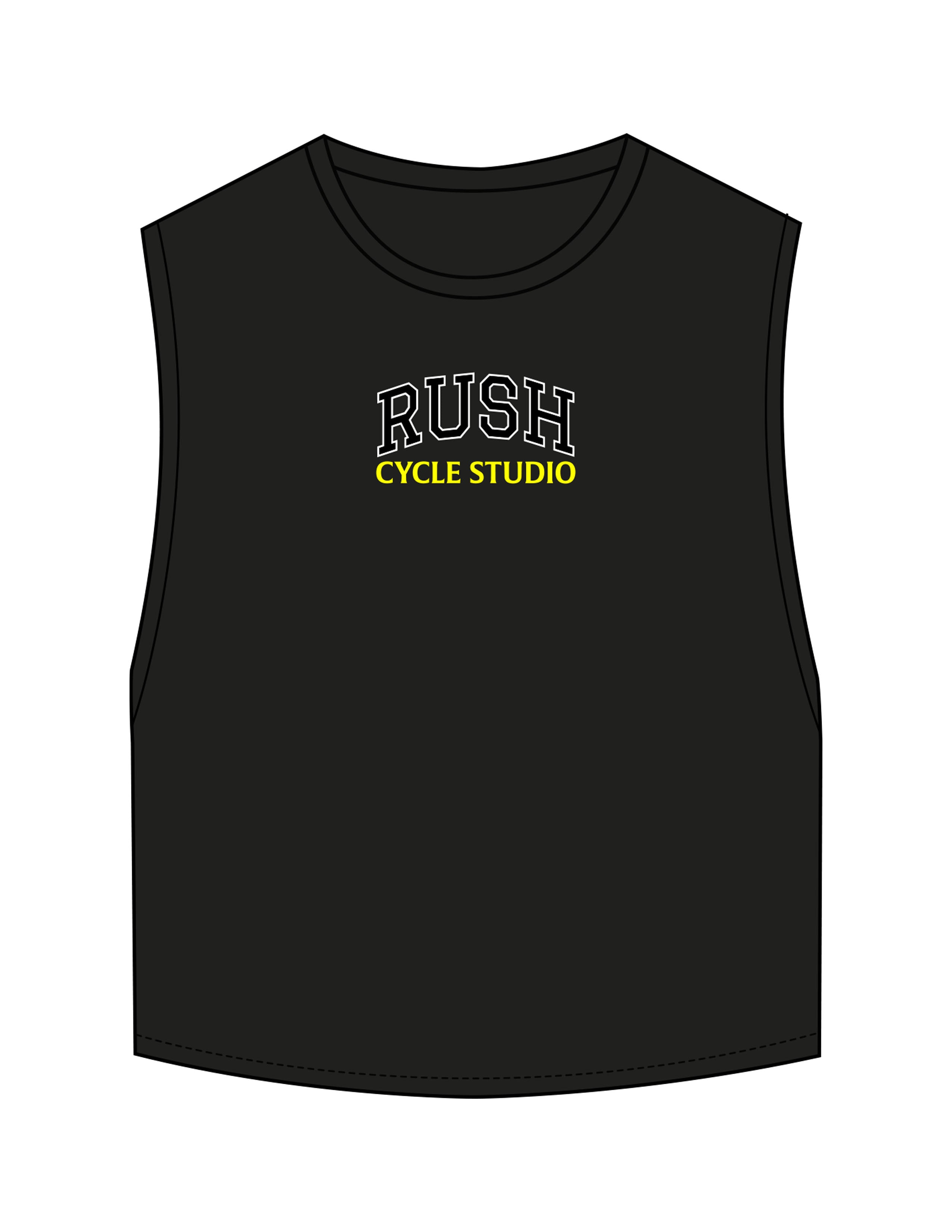 The Crop Muscle Tank - Black - Rush Cycle Studio - Center Chest Stacked - Printed - Full Color