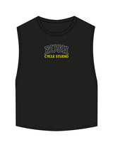 The Crop Muscle Tank - Black - Rush Cycle Studio - Center Chest Stacked - Printed - Full Color