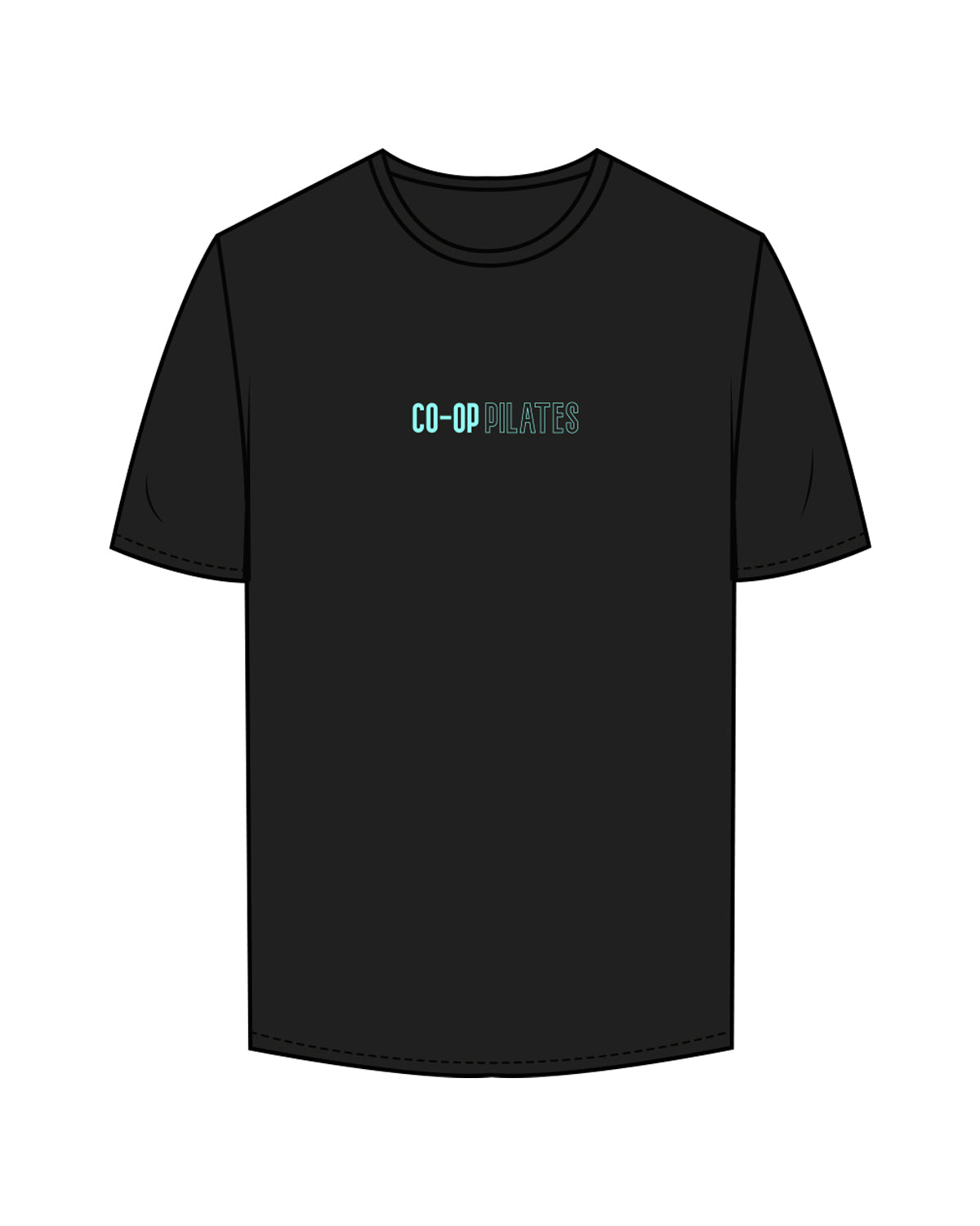 The Mens Tee - Black - Co-Op Pilates - Center Chest & Back Stacked - Teal