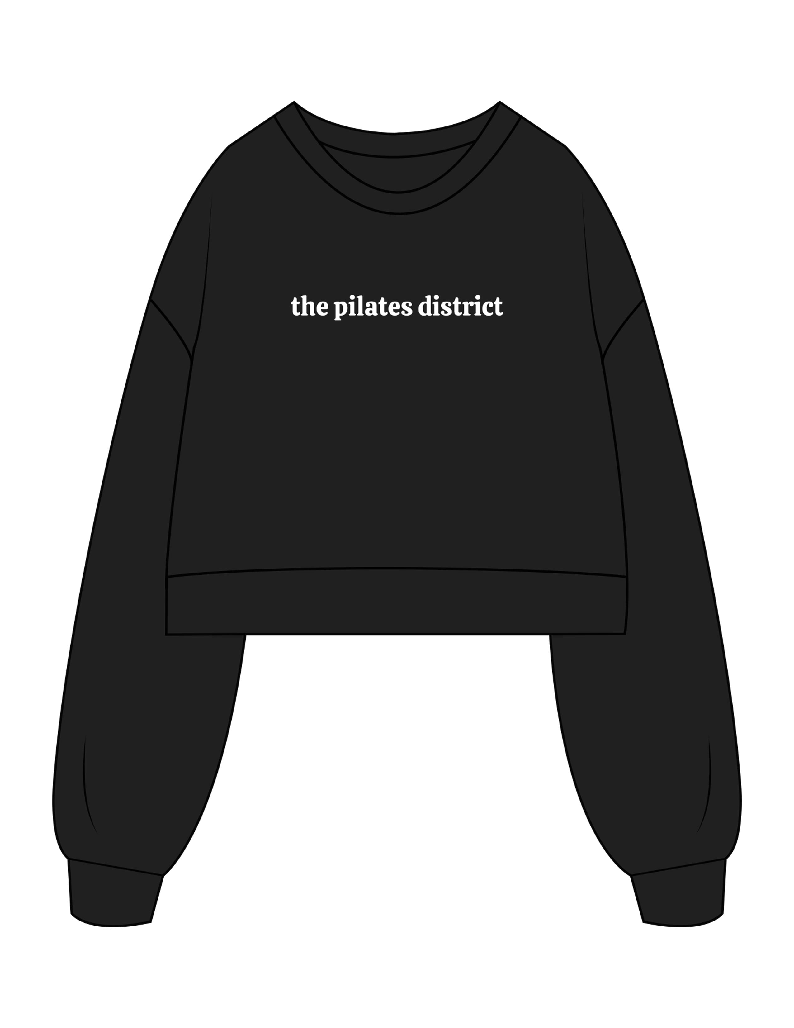The Womens Crop Crewneck - Black - THE PILATES DISTRICT - Center Chest - Printed - White