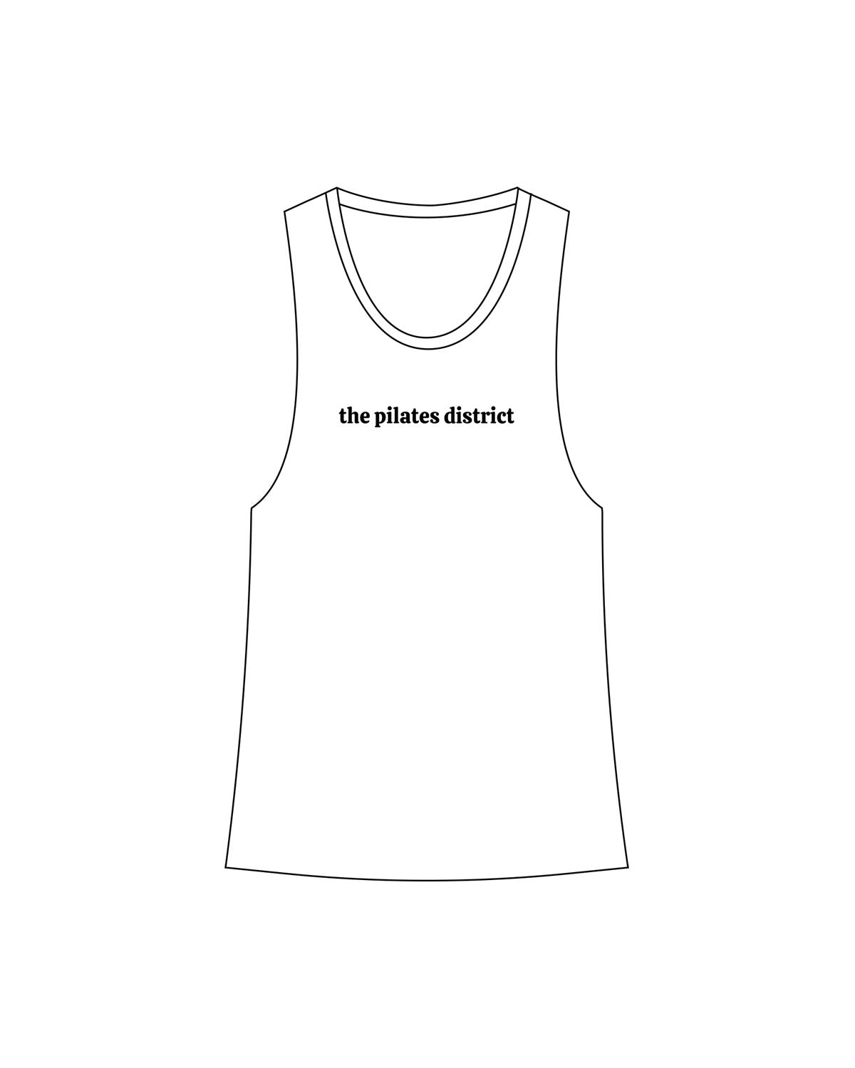 The Womens Racerback Tank - White - THE PILATES DISTRICT - Center Chest - Printed - Black