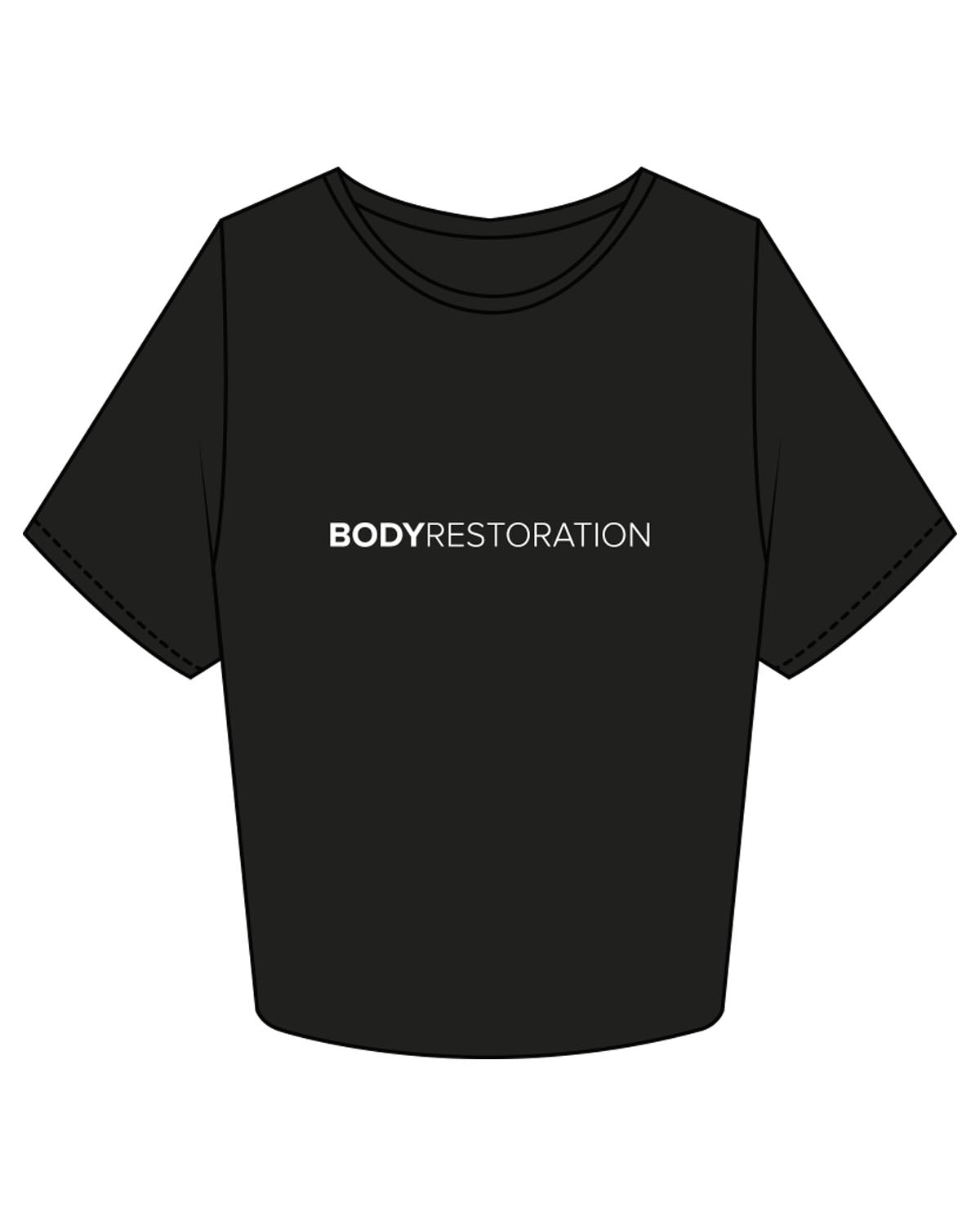 The Crop Tee - Black - Body Restoration - Center Chest " TEXT" & Back Center Neckline - Printed - White