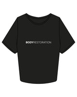 The Crop Tee - Black - Body Restoration - Center Chest " TEXT" & Back Center Neckline - Printed - White