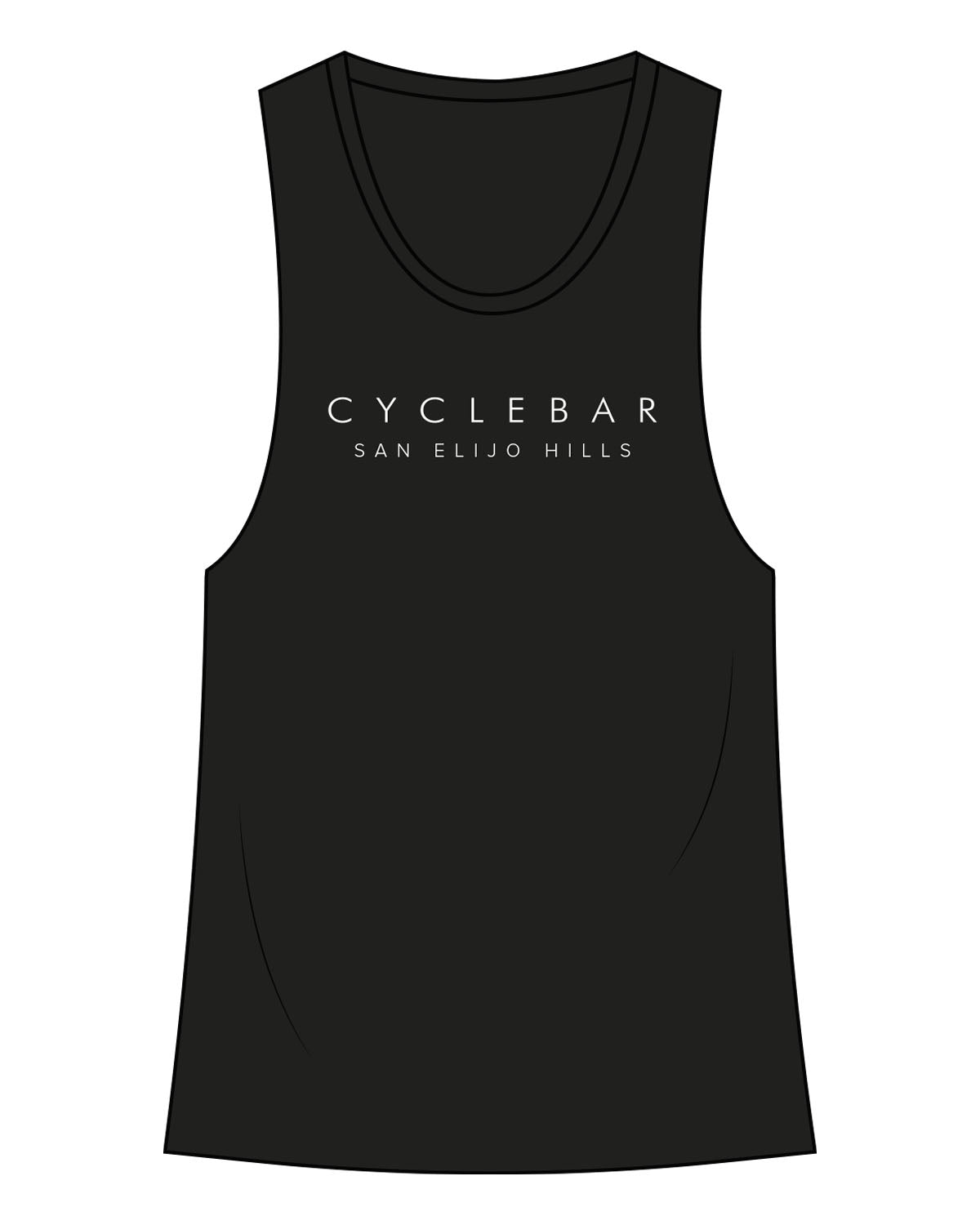 The Womens Racerback Tank - Black - Cyclebar - Center Chest Stacked & Back Neckline Smiley - White