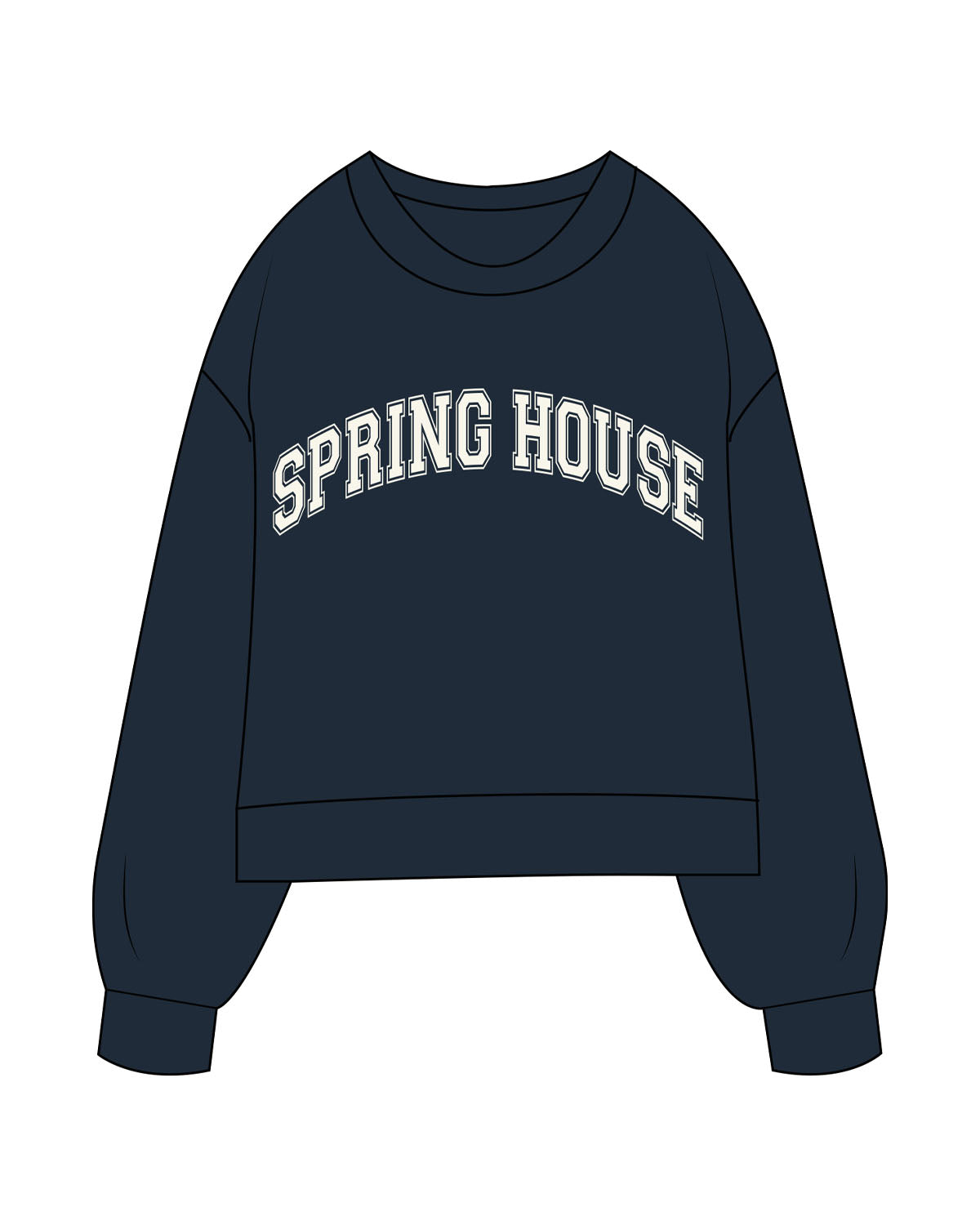 The Womens Heavyweight Crop - Navy - Spring House -Chest Arc Text -"Spring House" Logo - Printed - Off White