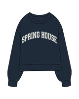 The Womens Heavyweight Crop - Navy - Spring House -Chest Arc Text -"Spring House" Logo - Printed - Off White