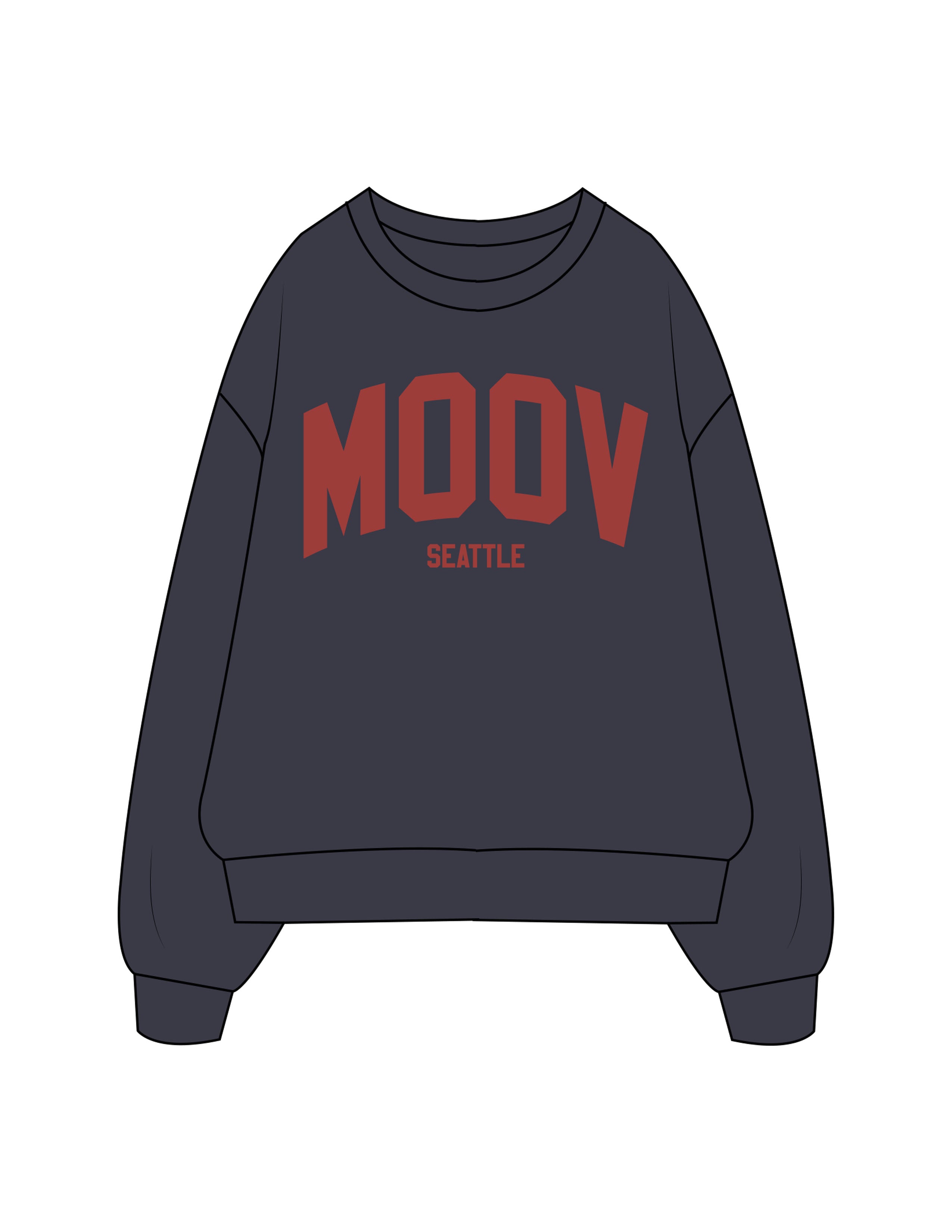 The Mens Crewneck - Ink Blue - Moov Seattle - Center Chest Stacked - Printed - Puff - Red