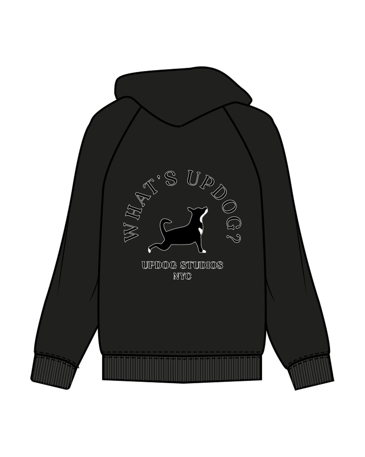 The Mens Hoodie - Black - Updog Yoga - Left Chest - Back Center - "WhatsUpDog" - Printed - Full Color