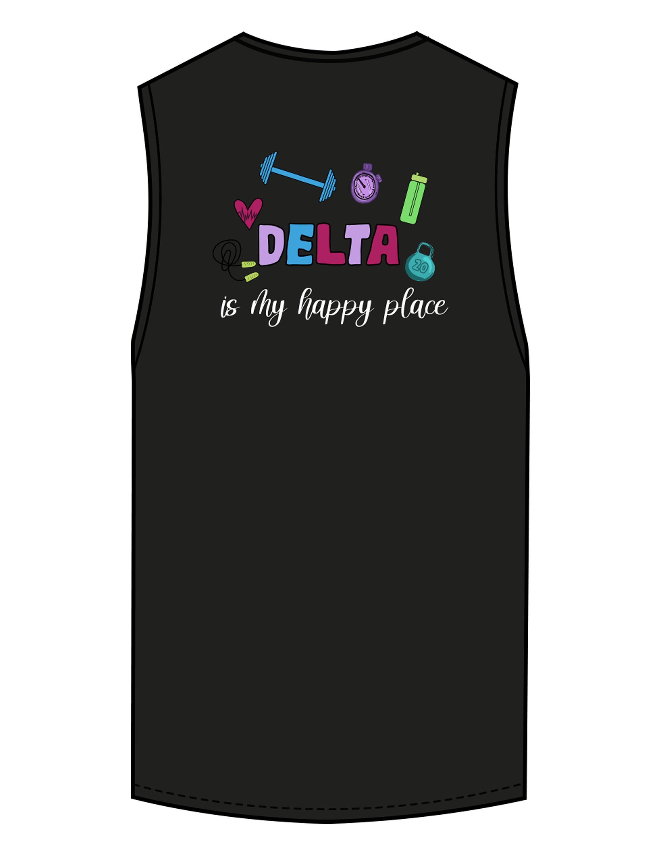 The Scoop Muscle Tank - Black - Delta Fitness - Center Chest & Back Stacked "DELTA" - Printed - Full Color