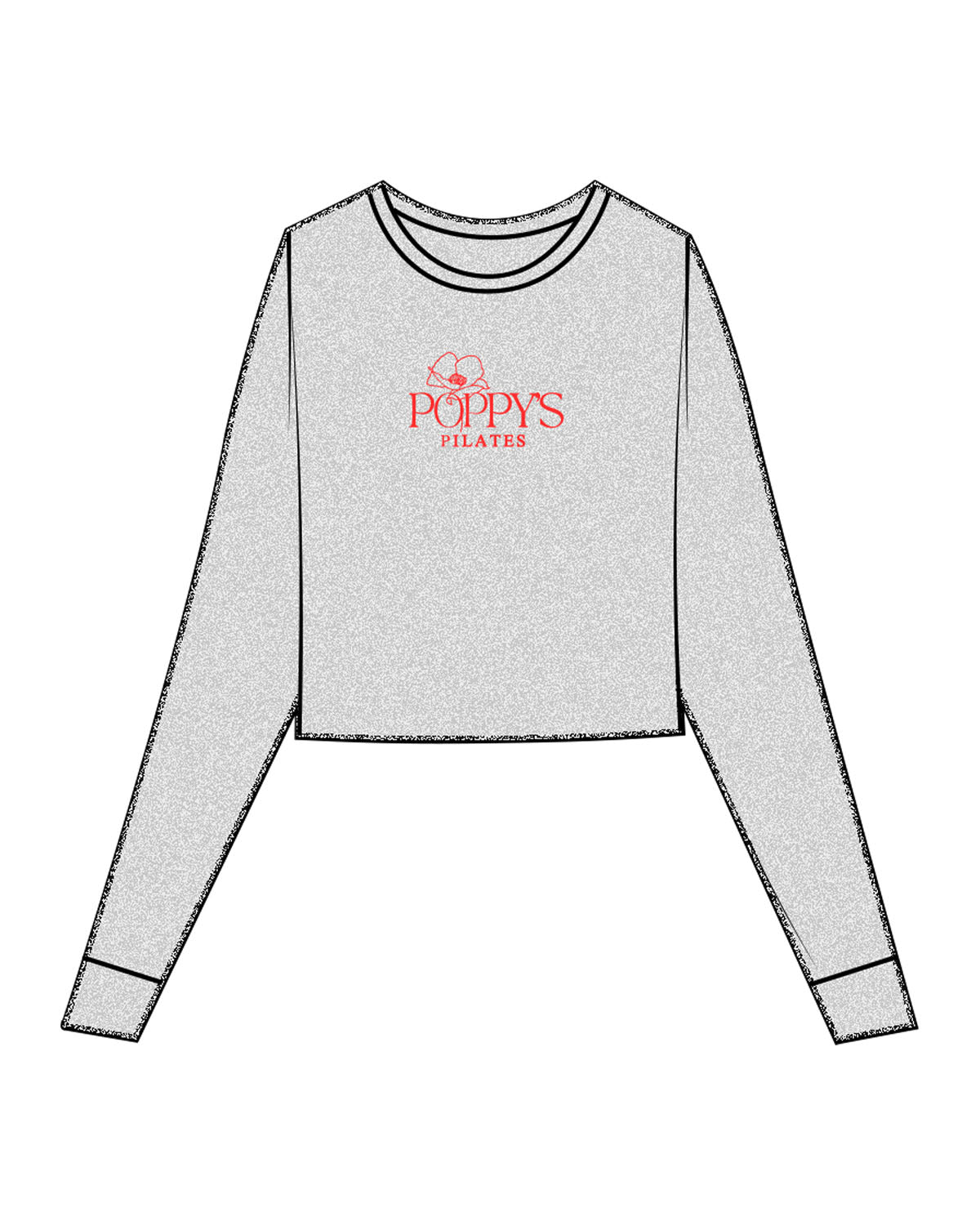 The Micro Rib Crop Long Sleeve - Heather - Poppys Pilates - Center Chest Stacked Logo - Printed - Red