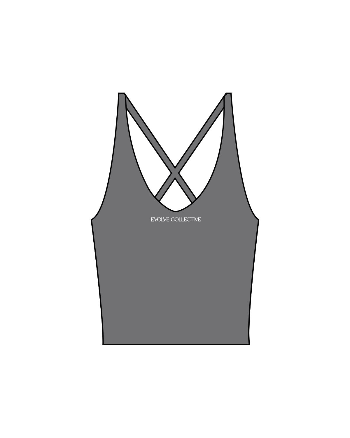 The Sporty Strappy Tank - Grey - Evolve Collective - Center Chest - Printed - White