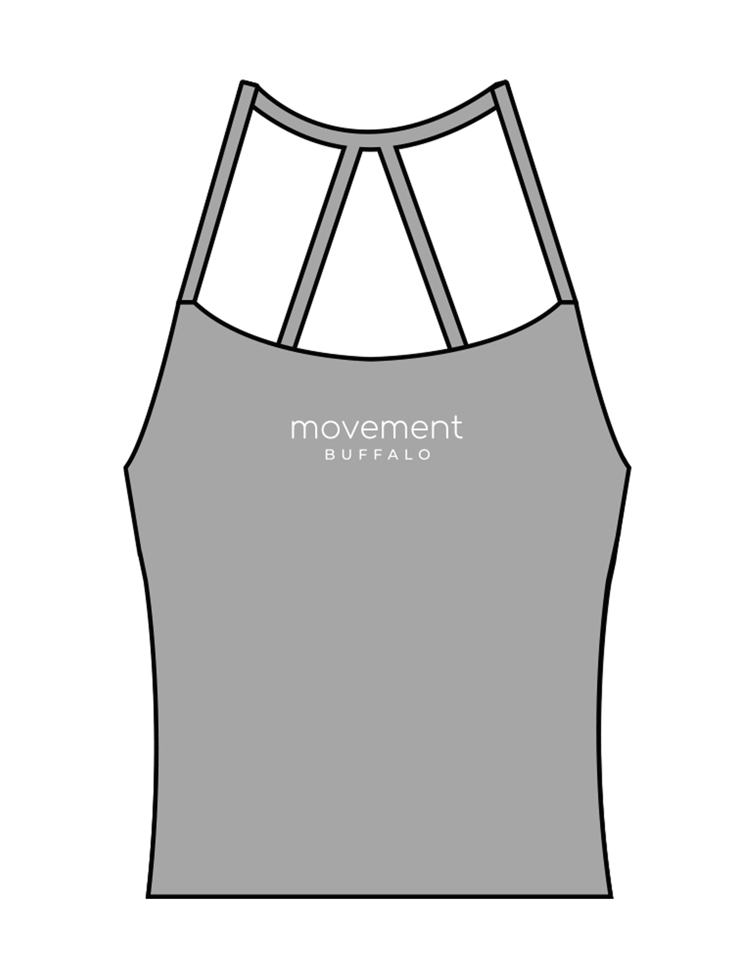 The Womens Sporty Tank - Grey - Movement Pilates Buffalo - Center Chest Stacked - Printed - White